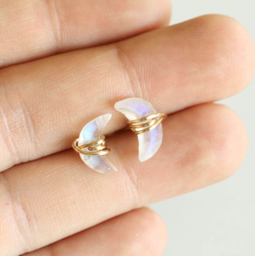 Rainbow Moonstone Crescent Studs